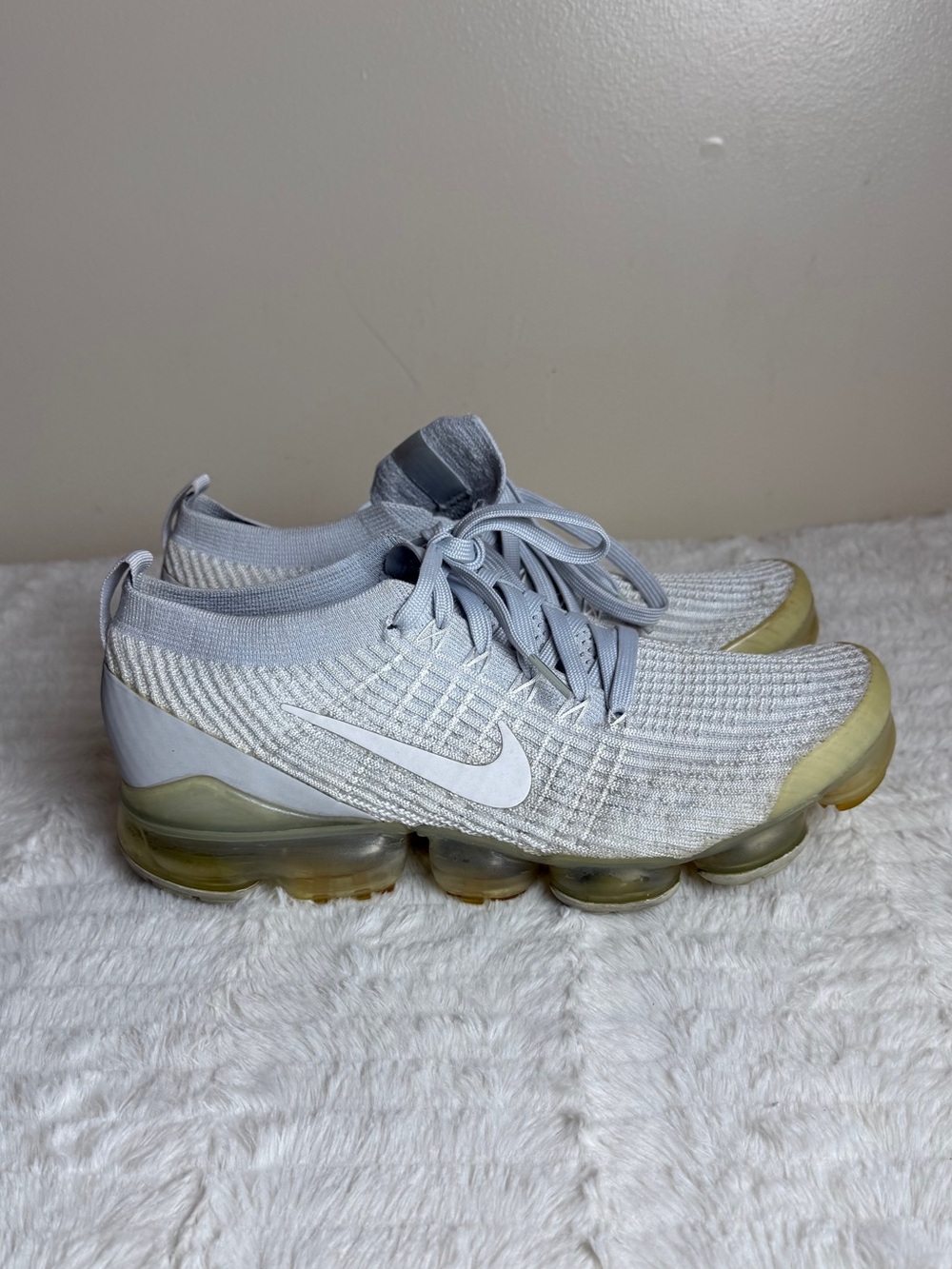 Nike Vapormax Flyknit Sneakers - Light Gray Upper with Yellow-Tinted Sole
